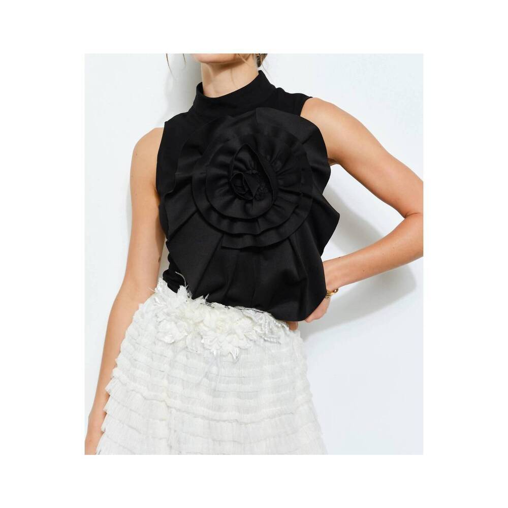 NEW INA FASHION floral applique pleated high-neck top in black
